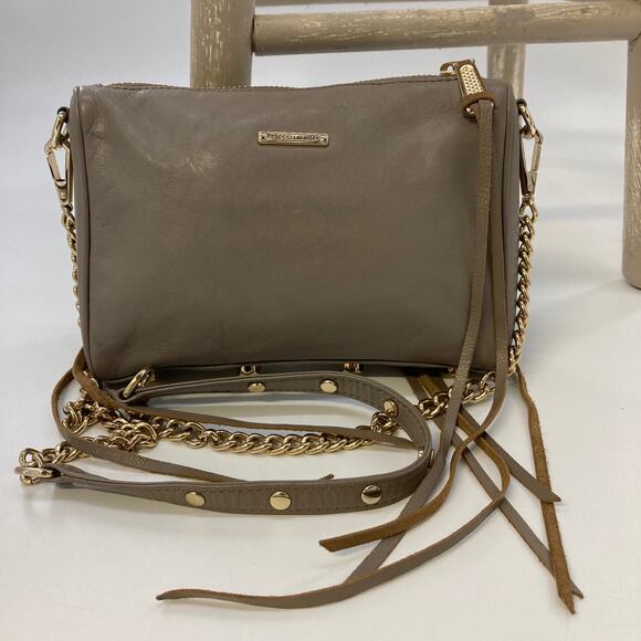 REBECCA MINKOFF TAUPE LEATHER GOLD STUD CROSSBODY BAG( ASIS) - Picture 1 of 16